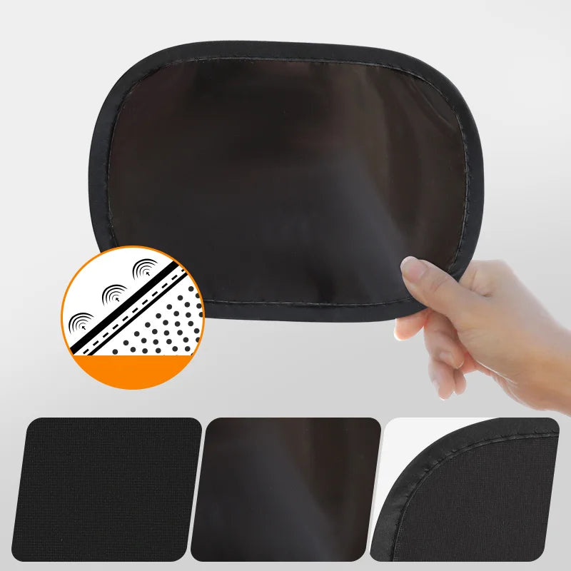 A hand holds a black car window tint film against a light gray background. The image includes a circular inset showing the tint's reflective and textured properties, and three smaller thumbnails at the bottom showing different angles of the black tint film.
