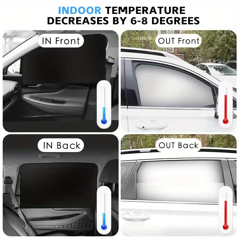 Car window shade showing temperature decrease in front and back of a car.