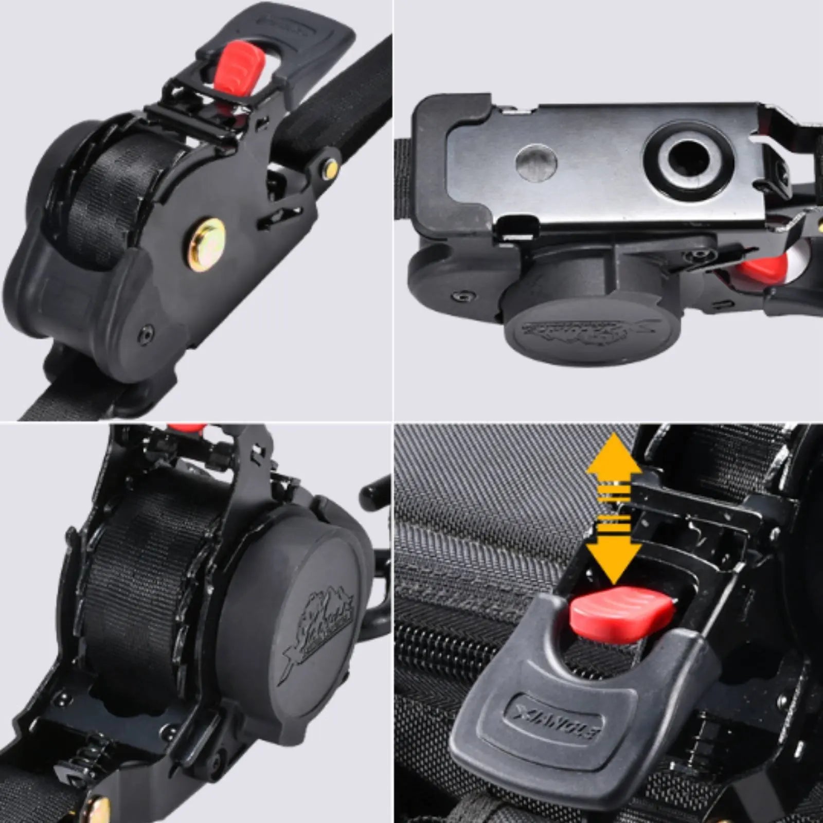 Collage of a car seat belt mechanism with close-up details on a light gray background.
