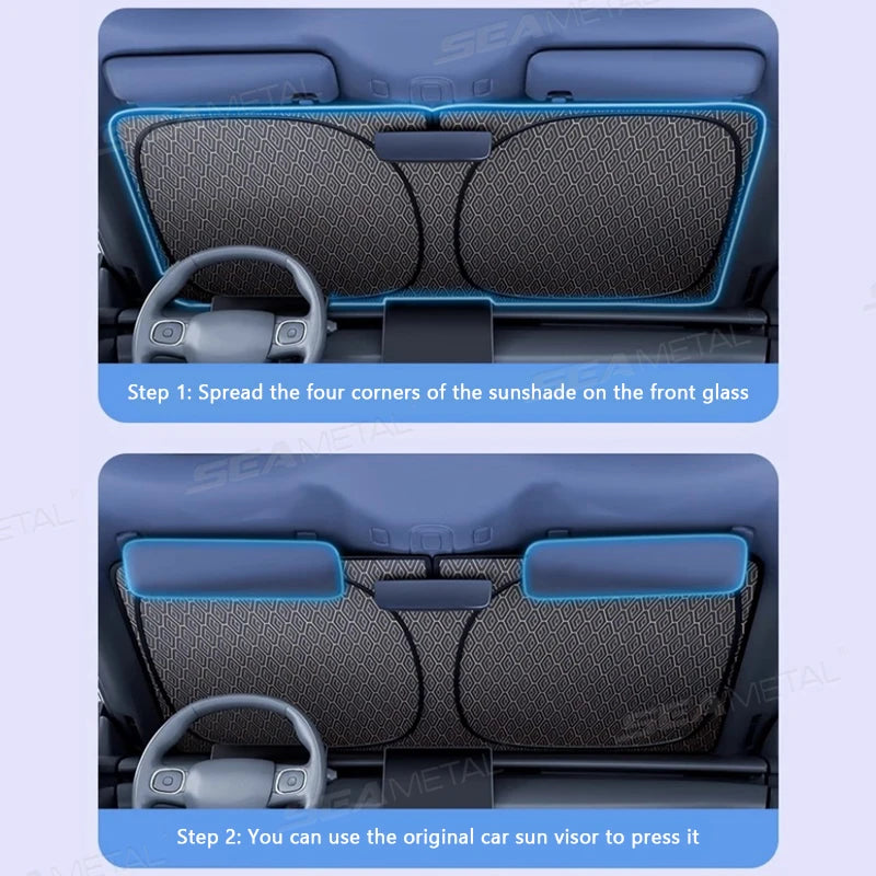 Car sunshade installation steps on a light purple background