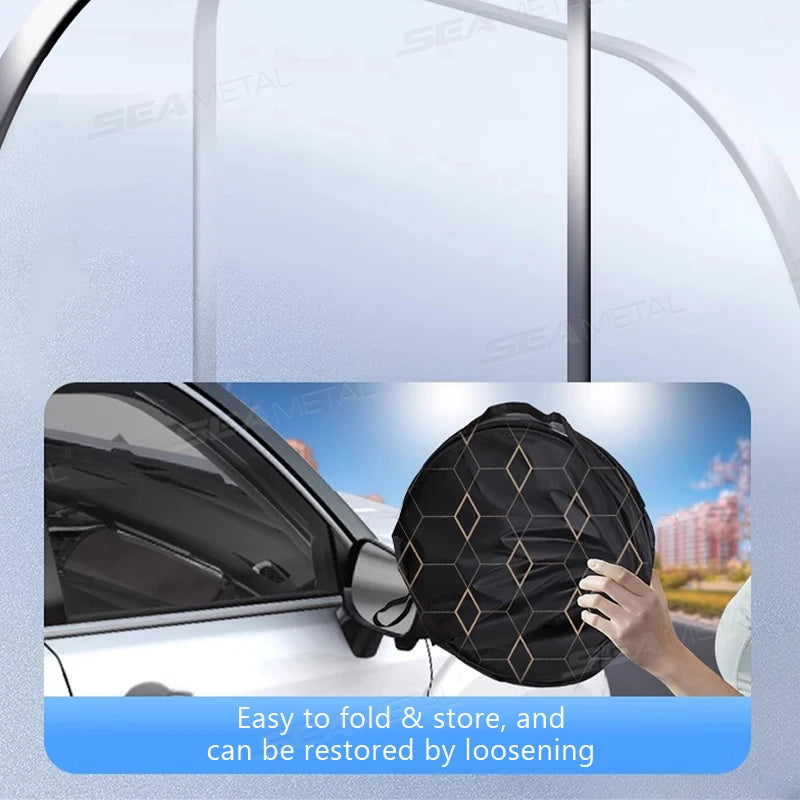 Car side mirror with a black honeycomb cover, held by a hand, with text 'Easy to fold & store, and can be restored by loosening'.