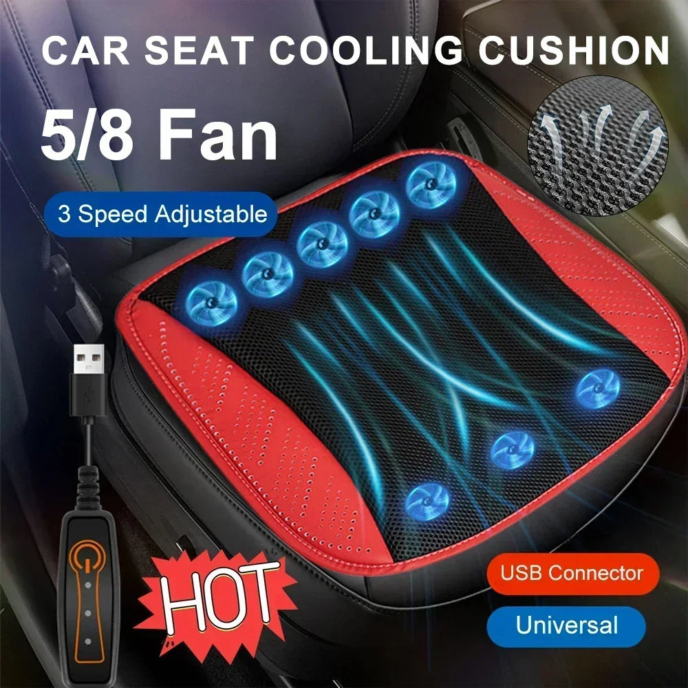 A car seat cooling cushion shown installed on a car seat, with text overlays reading 'CAR SEAT COOLING CUSHION', '5/8 Fan', '3 Speed Adjustable', 'USB Connector', and 'Universal'. The cushion is black with red side panels and blue fan graphics indicating airflow.