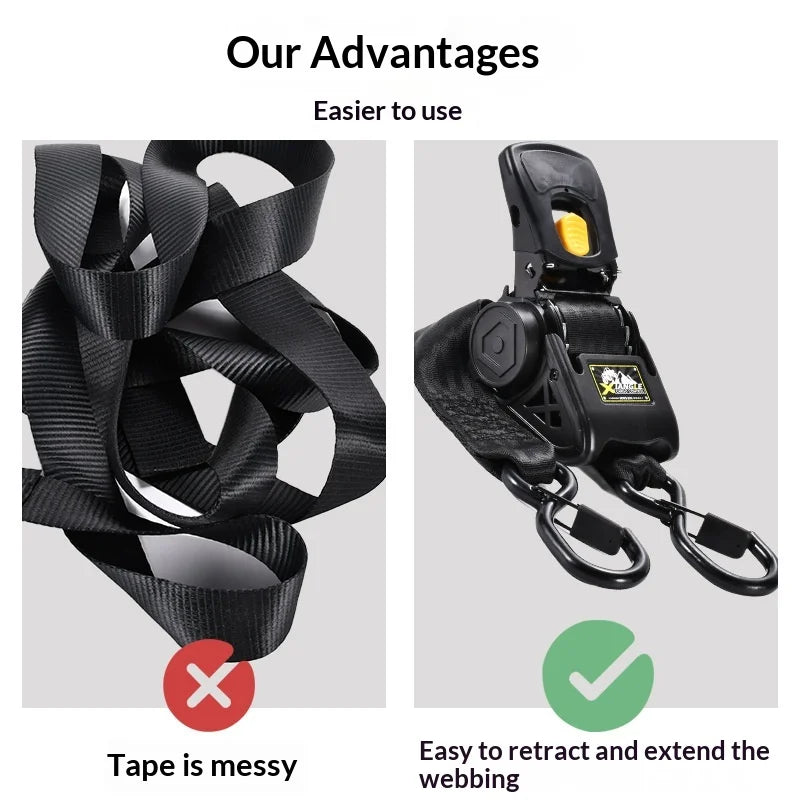 A comparison graphic showing a black webbing strap on the left labeled 'Tape is messy' with a red X icon, and a black retractable webbing device on the right labeled 'Easy to retract and extend the webbing' with a green check icon, under the heading 'Our Advantages'.