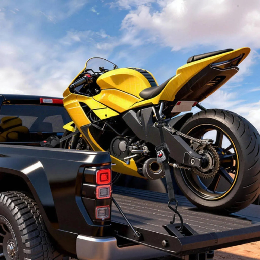 Yellow motorcycle on a black truck bed with a blue sky background