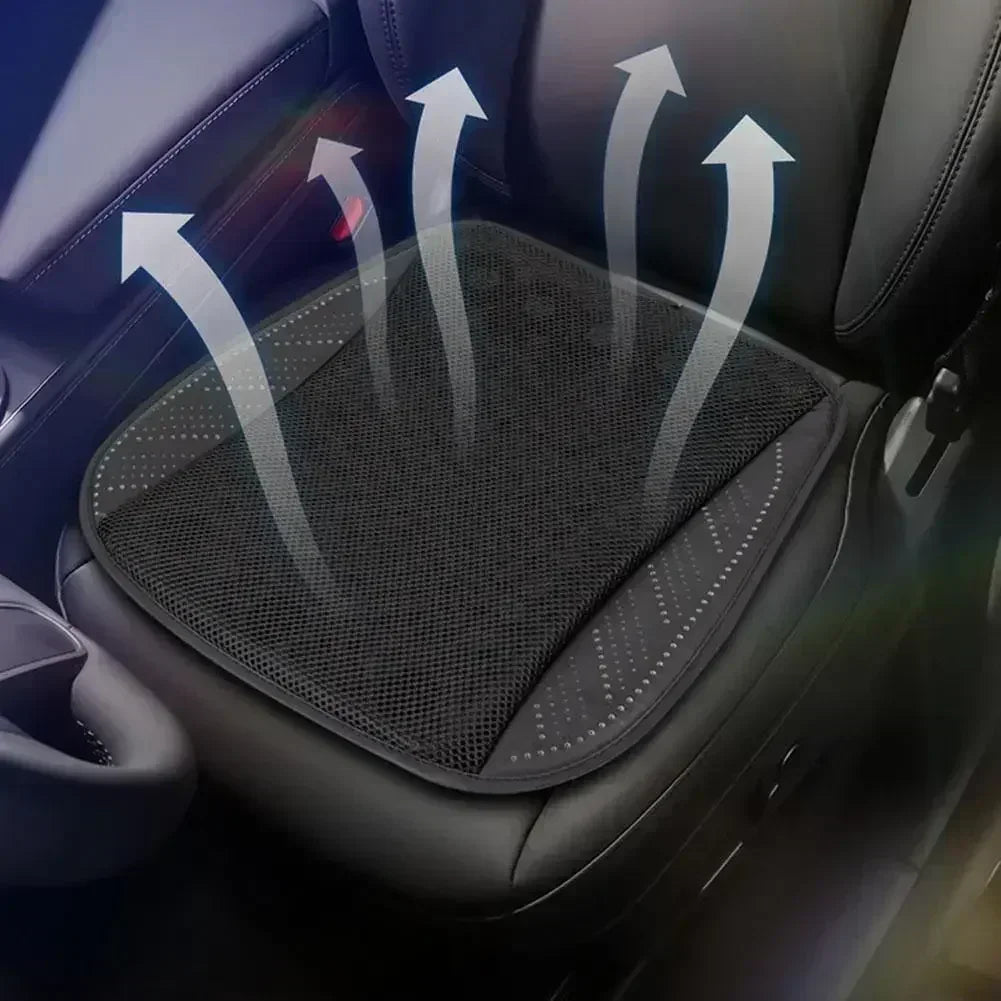 Car seat cushion with air circulation arrows on a car seat