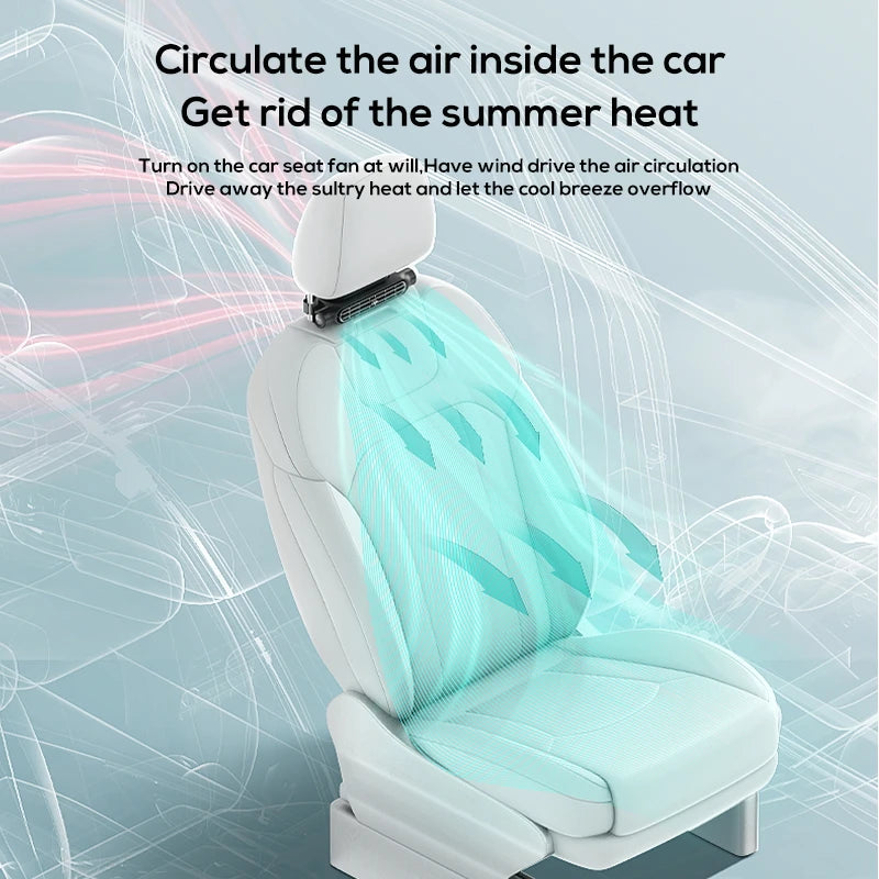 Car seat with a cooling pad and text about circulating air and getting rid of summer heat.