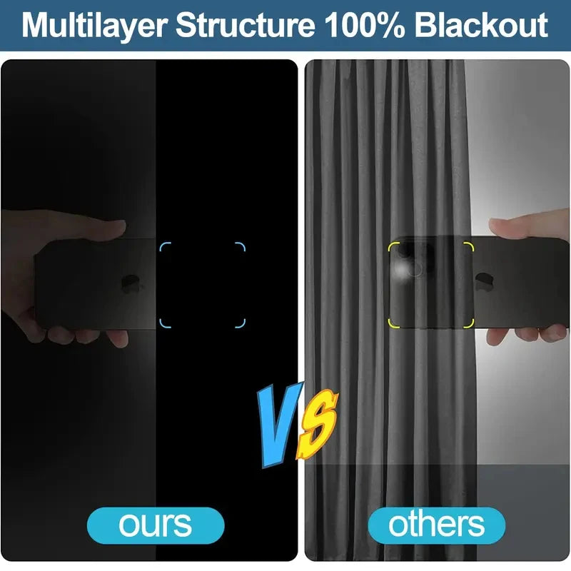 Comparison of multilayer structure blackout curtains with 'ours' and 'others' labels.