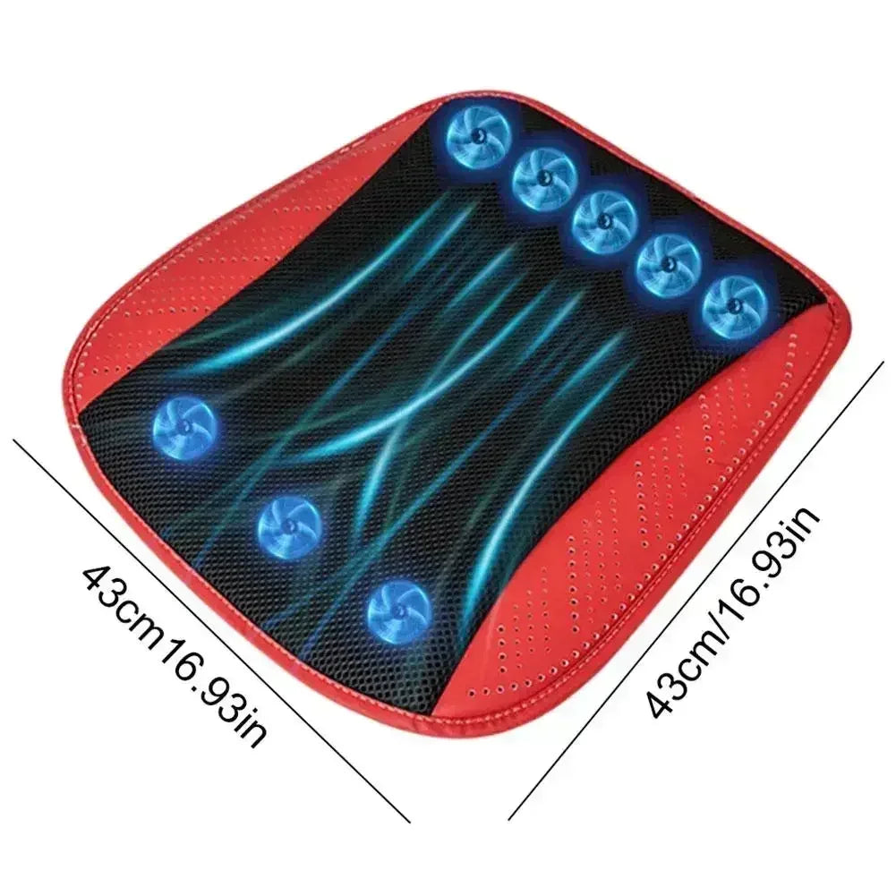 Red and black electric massage cushion with blue glowing graphic lines and circular motor icons, shown with dimension lines indicating 43cm by 43cm on a white background.