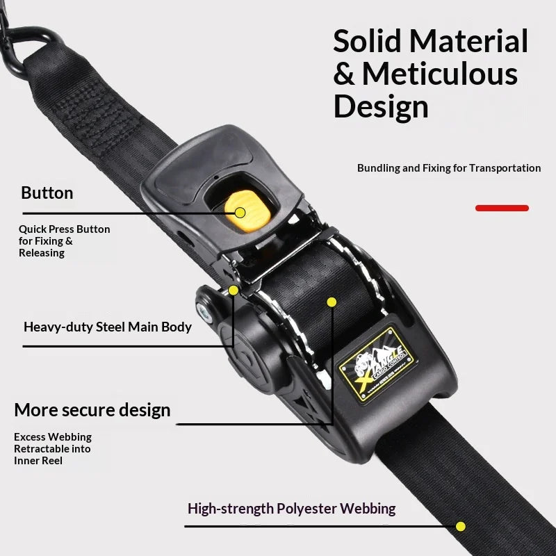 A black car seat belt with a quick-release buckle, shown on a light gray background with text callouts describing features such as a heavy-duty steel main body, button release, and high-strength polyester webbing.