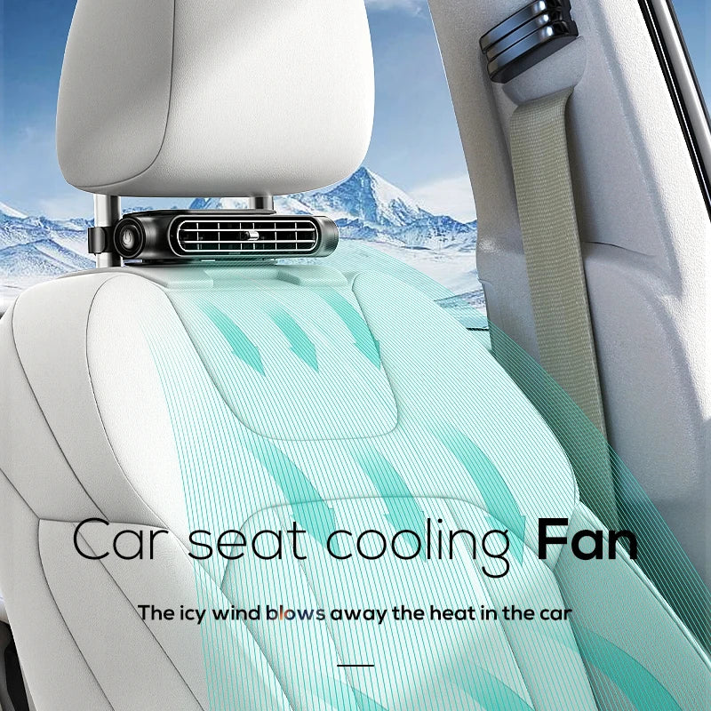 Car seat cooling fan with a mountainous landscape in the background