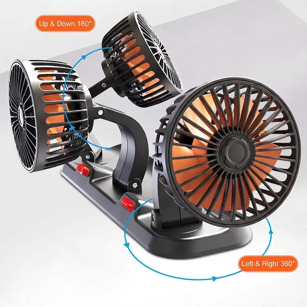 A black and orange dual-head desk fan with adjustable arms, shown on a light gray background with blue arrows and orange text labels indicating up/down 180° and left/right 360° rotation.
