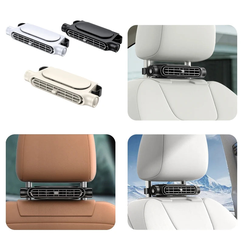 Car air vent adapter shown in various car interior settings with different seat colors.