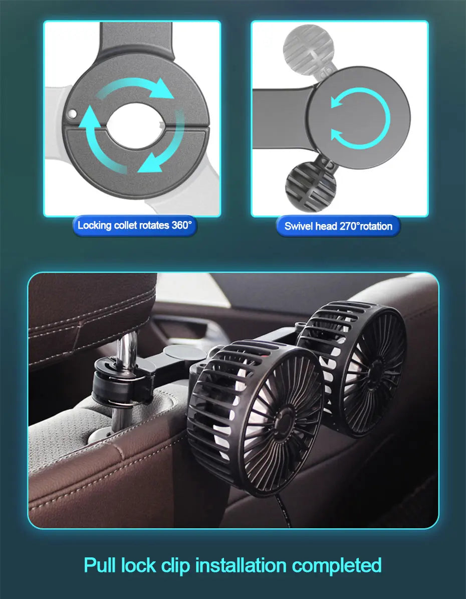 Car-mounted fan with detailed features and installation on a car's dashboard.