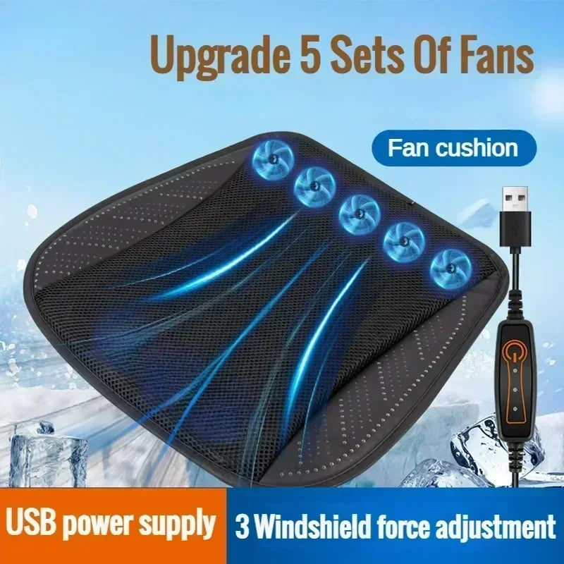 A black mesh windshield sun shade with integrated cooling fans, shown with blue airflow graphics and a USB power supply controller. Text overlays read 'Upgrade 5 Sets Of Fans', 'Fan cushion', 'USB power supply', and '3 Windshield force adjustment' on a light blue icy background.