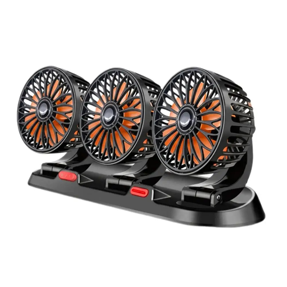 A three-in-one portable desk fan set with three circular fans mounted on a black base, featuring orange inner blades and red power buttons, shown against a plain white background.