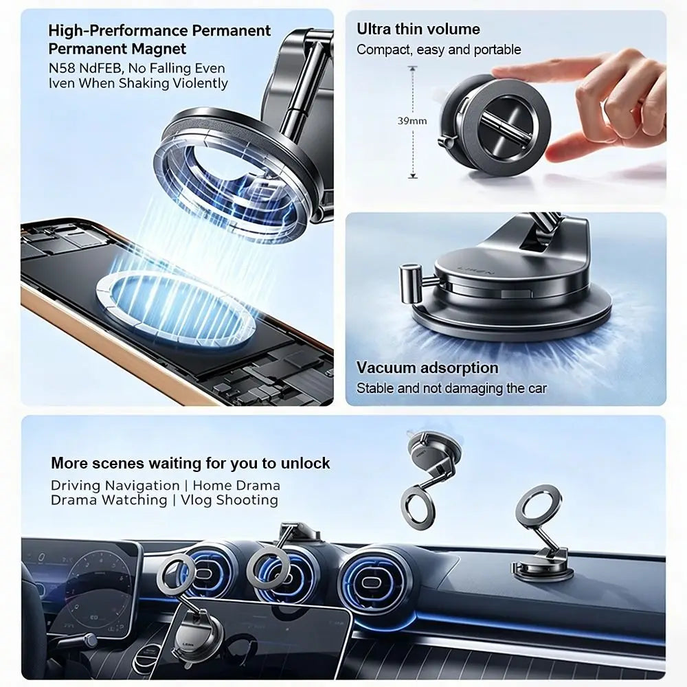 Car phone holder with vacuum and various usage scenarios on a blue background