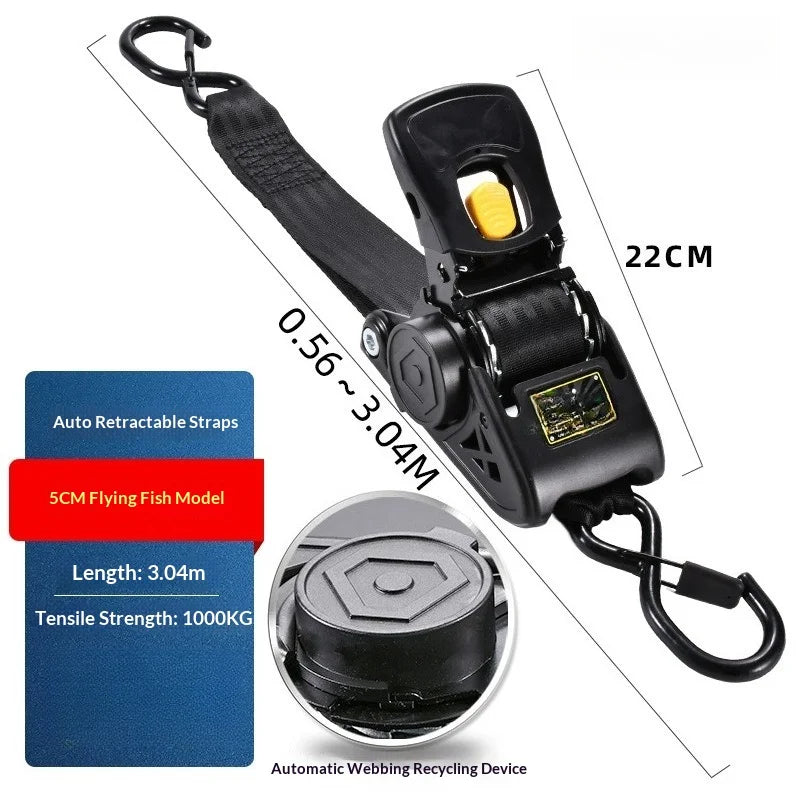 Black retractable webbing strap with a carabiner clip, shown on a white background with dimension labels, feature callouts, and a circular close-up inset of the recycling device.
