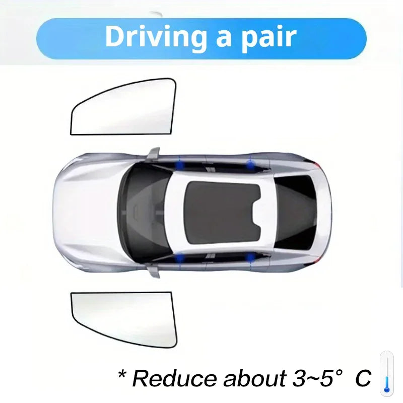 Car with sunshade on roof and side windows, labeled 'Driving a pair'.