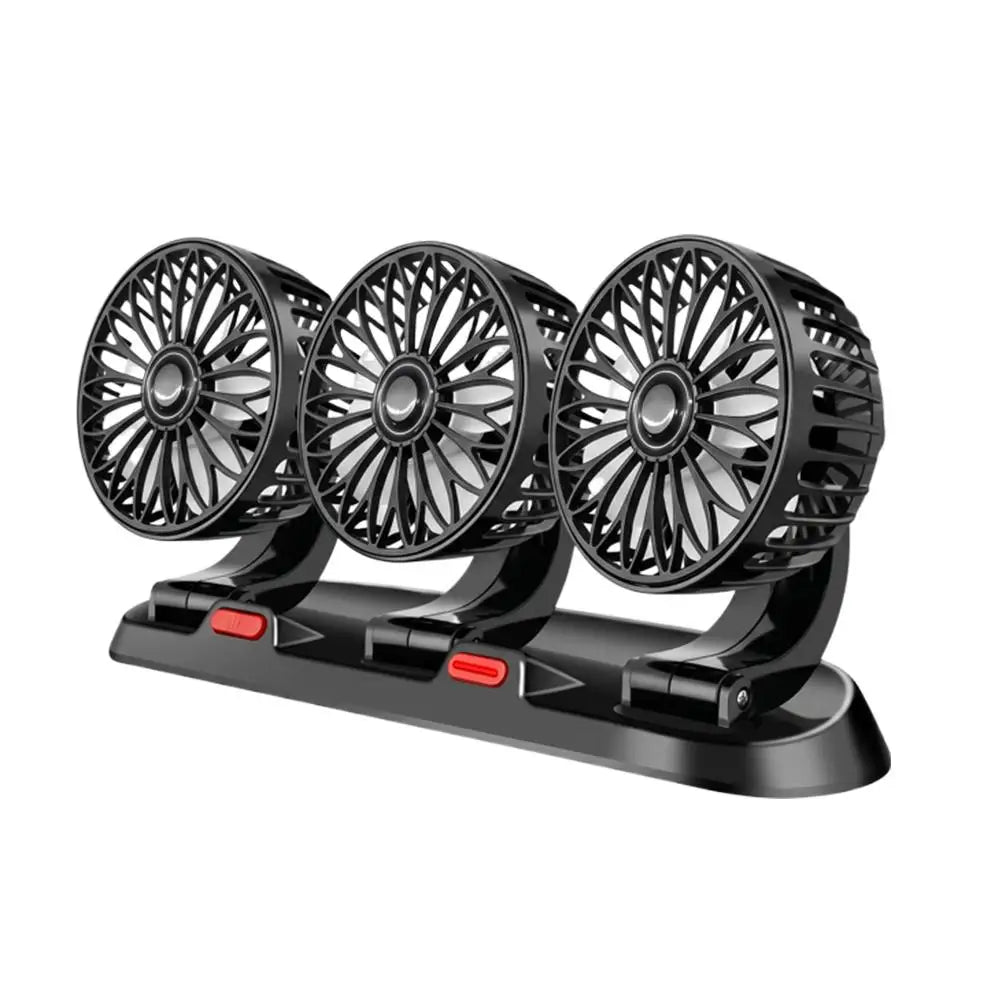 A three-in-one portable desk fan set with three circular fans mounted on a single black base, featuring red power buttons, shown against a plain white background.