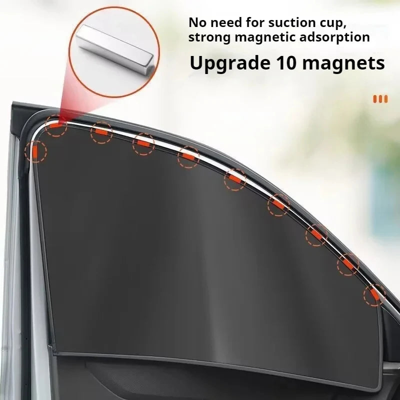Car window sunshade with magnetic and upgradeable magnets on a blurred background