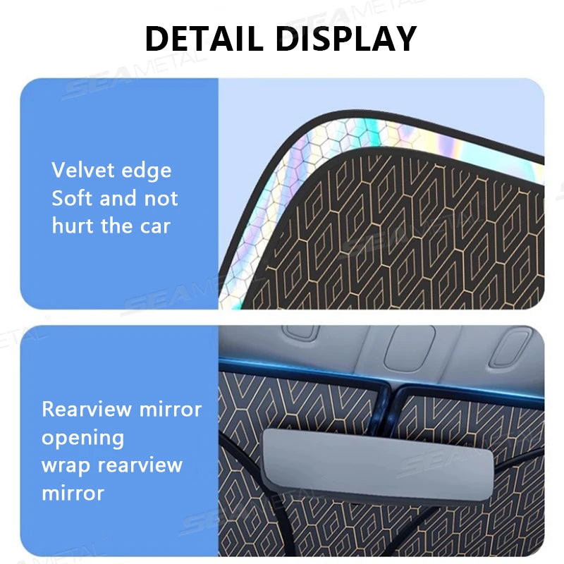Car rearview mirror cover with geometric pattern and text describing features.
