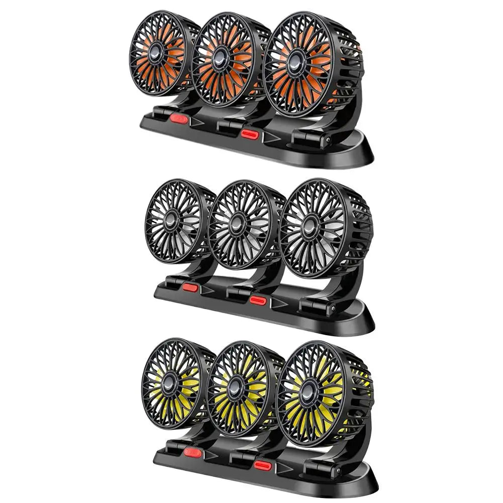 Three sets of portable desk fans with three blades each, shown stacked vertically on a plain white background. The top set has orange blades, the middle set has black blades, and the bottom set has yellow blades.
