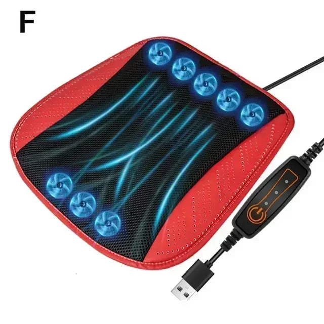 Red and black heated massage cushion with blue glowing massage nodes, shown with a USB cable and controller on a white background.
