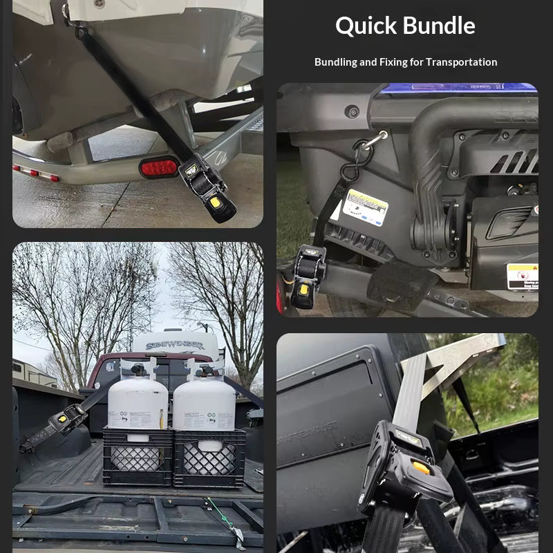 A 4-panel collage showing a quick transportation bundling and fixing bundle in use. The panels demonstrate the black plastic straps and quick-release buckles attached to a boat trailer, a utility trailer, and a truck bed carrying white gas canisters, with the text 'Quick Bundle' in the top right.