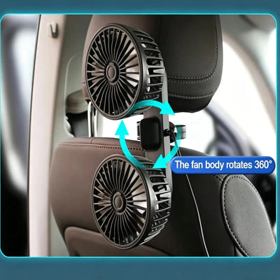 Car-mounted fan with 360-degree rotation feature inside a vehicle.