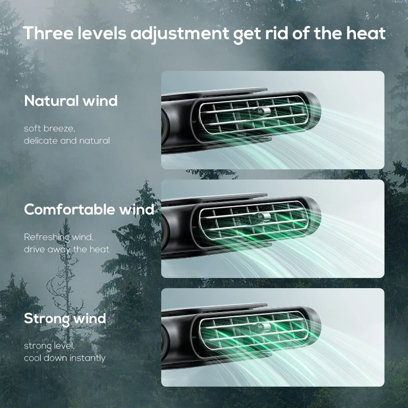 Car air vent with three levels of airflow adjustment on a nature-themed background
