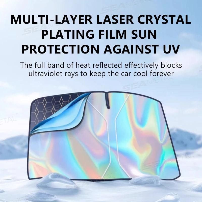Car windshield with multi-layer laser crystal plating film for UV protection against a snowy background.