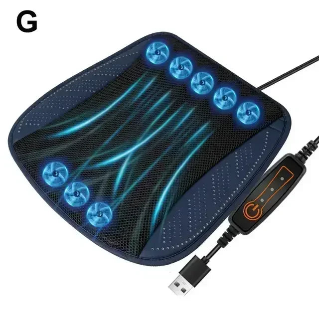 Black massage pad with blue lights and USB cable on a white background