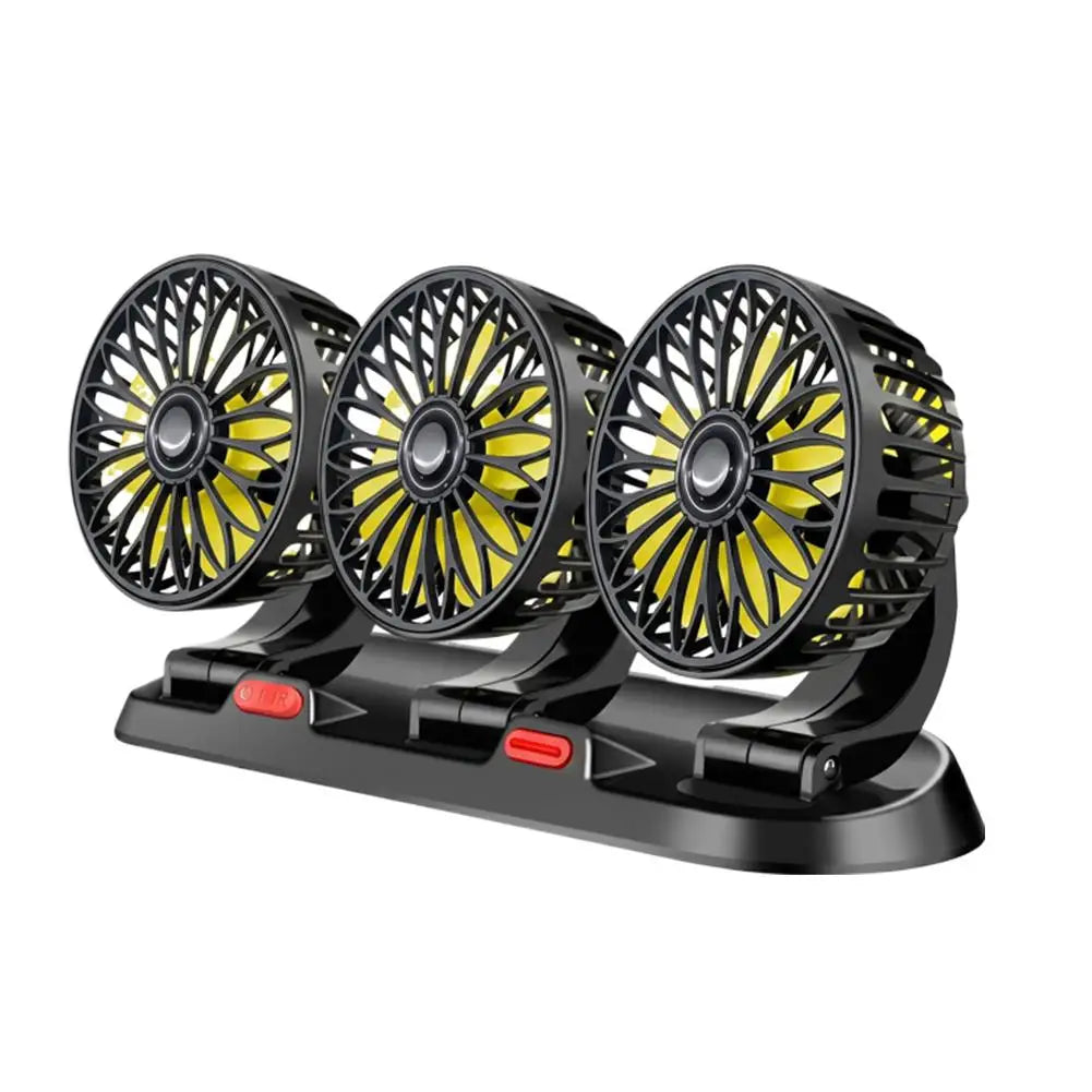 A 3-in-1 portable desktop fan with three circular fans mounted on a single black base. The fans have black grates and bright yellow blades, with red power buttons on the front of the base, shown against a plain white background.